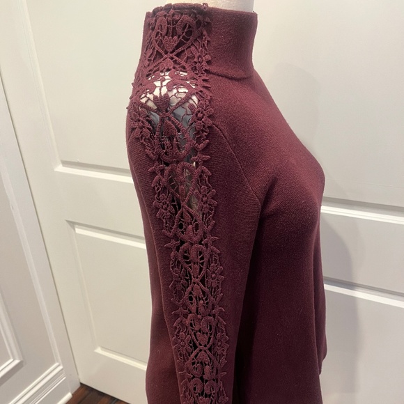 Knitted & Knotted Maroon Tunic Sweater With Lace Trim Sleeves, sz XS - Picture 4 of 8